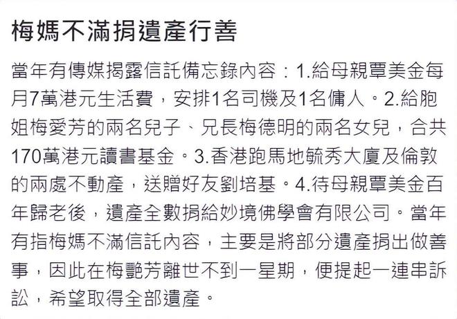 月生活费飙涨从7万到25万，梅艳芳妈妈竟被申请破产，网友喊太夸张插图1